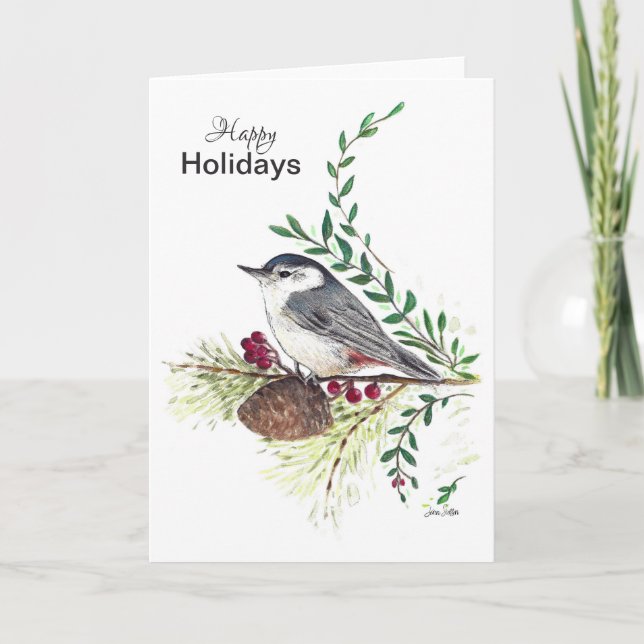Tarjeta de Aves de Nuthatch de Happy Holidays (Anverso)