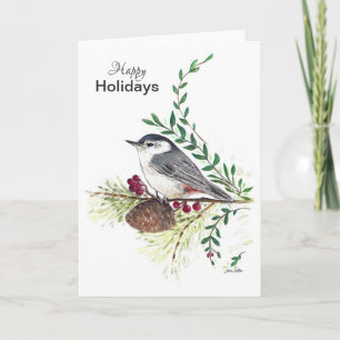 Tarjeta de Aves de Nuthatch de Happy Holidays