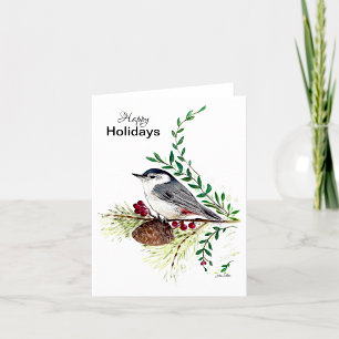 Tarjeta de Aves de Nuthatch de Happy Holidays