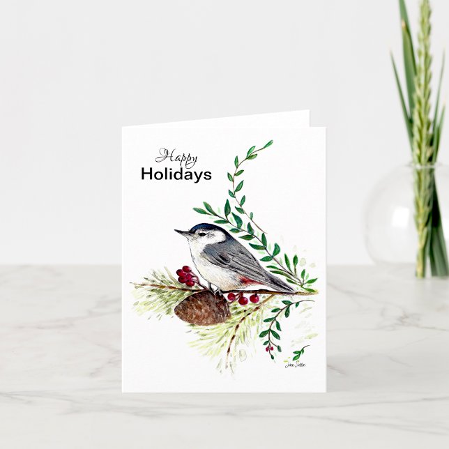 Tarjeta de Aves de Nuthatch de Happy Holidays (Happy Holidays Nuthatch Bird Card from Jenn's Emporium. )