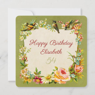 tarjeta de aves y flores verdes retro de cumpleaño
