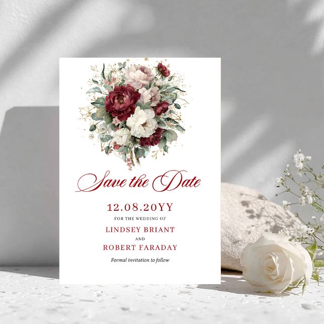Tarjeta de aviso Chic Blush Burgundy Gold (Chic Blush Burgundy Gold Save The Date Card)