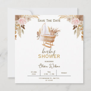 Tarjeta de aviso de baby shower floral blanca