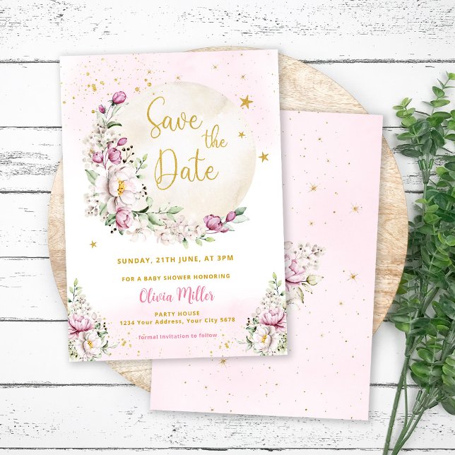 Tarjeta de aviso de baby shower Floral Moon Pink (Subido por el creador)