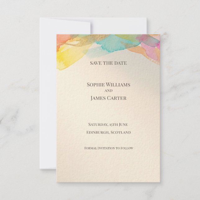Tarjeta de aviso de boda acuarela arcoíris (Anverso)