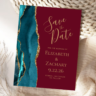 Tarjeta de aviso de boda Ágata Verde Oro Burgundy