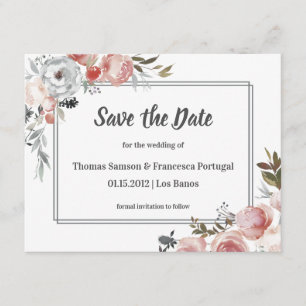 Tarjeta de aviso de boda al agua con rosas y cardo