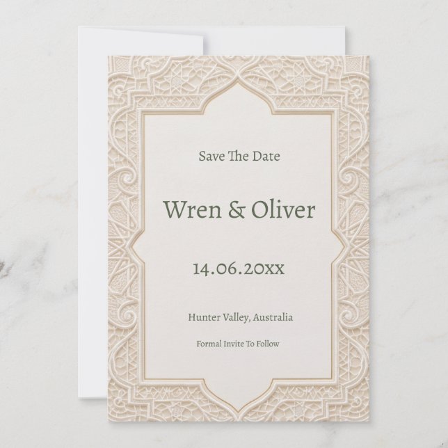 Tarjeta de aviso de boda Art Déco beige (Anverso)