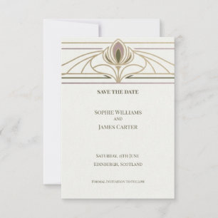 Tarjeta de aviso de boda Art Déco dorada