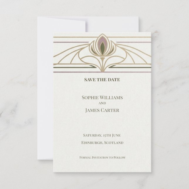 Tarjeta de aviso de boda Art Déco dorada (Anverso)