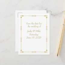 Tarjeta de aviso de boda Art Déco elegante en blan