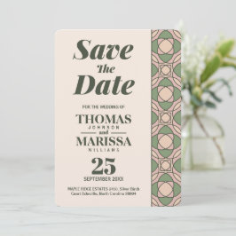 Tarjeta de aviso de boda Art Déco en verde salvia