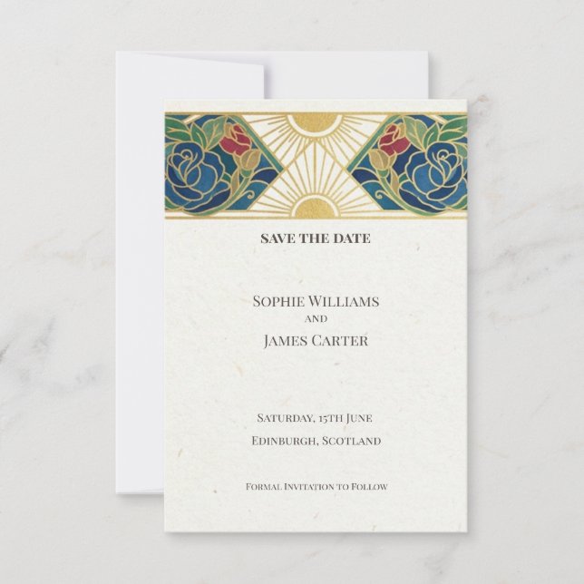 Tarjeta de aviso de boda Art Déco escocesa (Anverso)