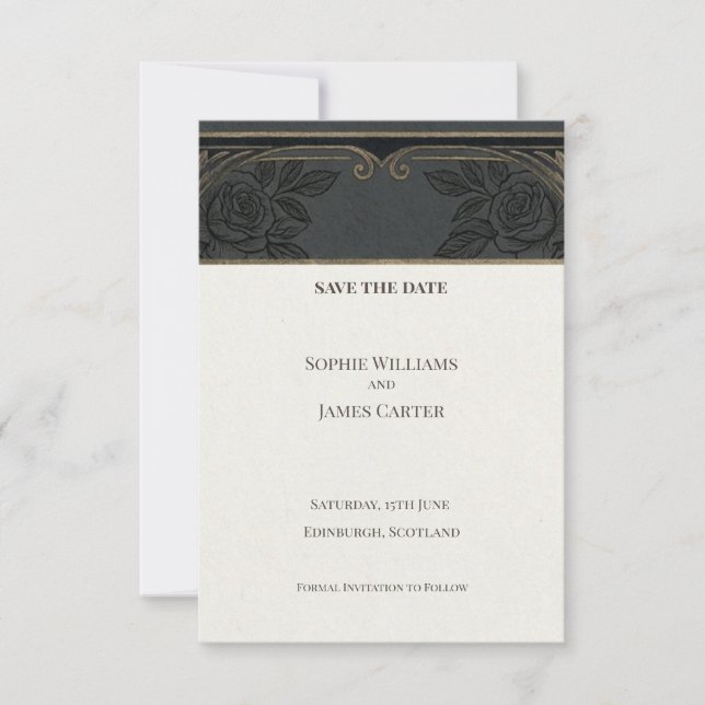 Tarjeta de aviso de boda Art Déco Oro Negro (Anverso)