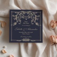 Tarjeta de aviso de boda azul marino barroca