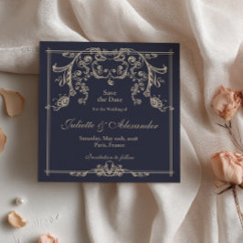 Tarjeta de aviso de boda azul marino barroca
