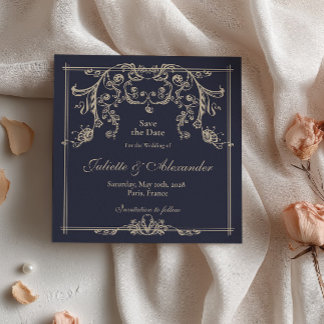 Tarjeta de aviso de boda azul marino barroca