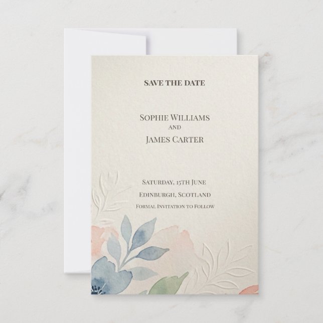 Tarjeta de aviso de boda azul pastel melocotón bot (Anverso)