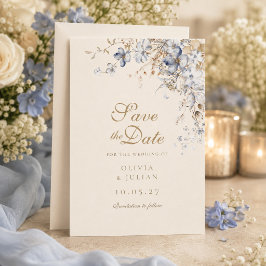 Tarjeta de aviso de boda azul polvoriento botánico