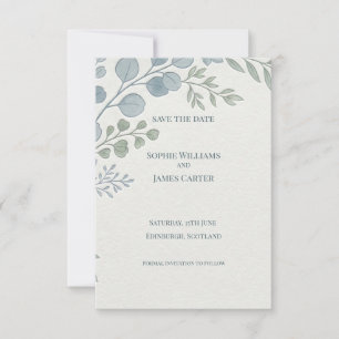 Tarjeta de aviso de boda azul polvoriento botánico