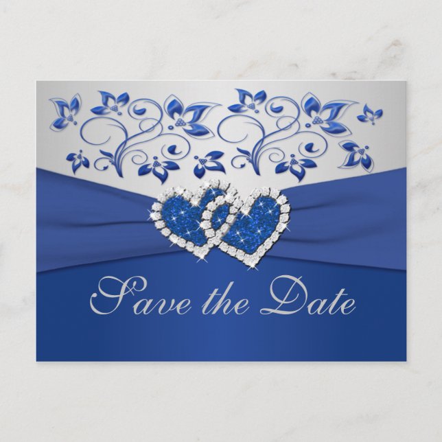 Tarjeta de aviso de boda azul real y plata (Anverso)
