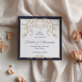 Tarjeta de aviso de boda Barroco Azul Marino