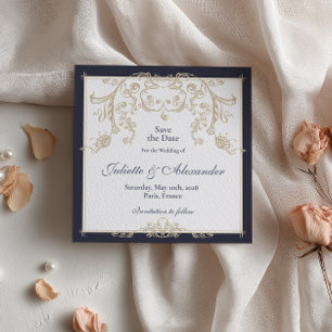 Tarjeta de aviso de boda Barroco Azul Marino