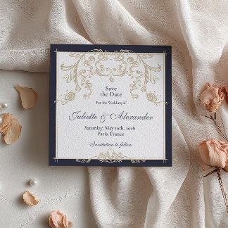 Tarjeta de aviso de boda Barroco Azul Marino