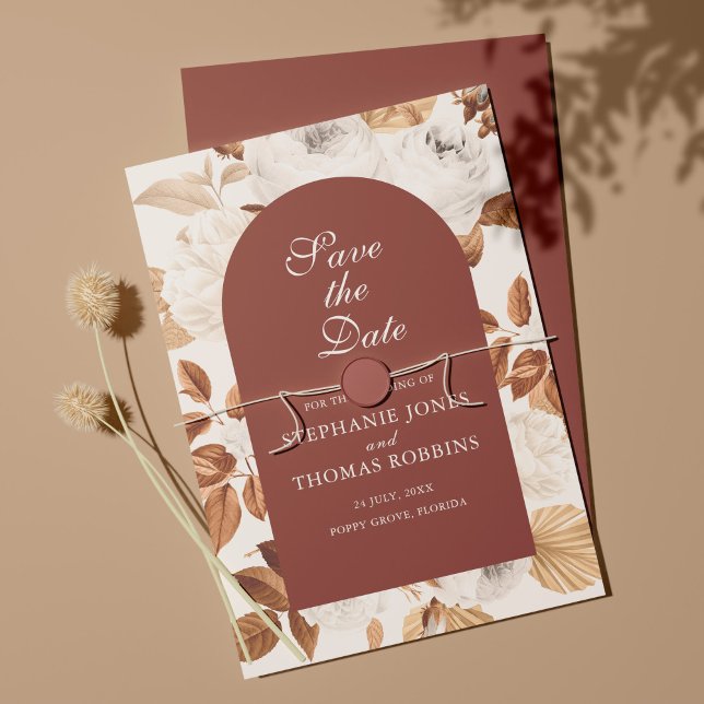 Tarjeta de aviso de boda boho elegante terracota (Subido por el creador)