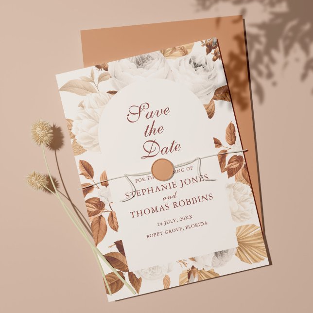 Tarjeta de aviso de boda boho elegante terracota (Subido por el creador)