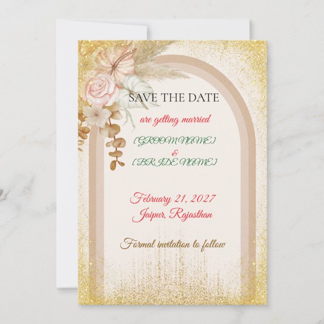 Tarjeta de aviso de boda boho floral con destellos (Anverso)