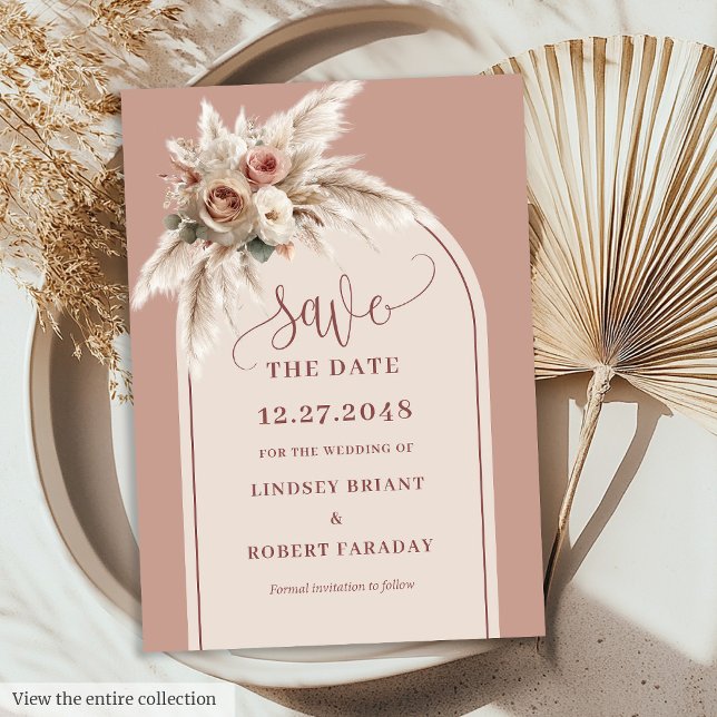 Tarjeta de aviso de boda boho refinada con flores  (Refined Boho Dusty Pink Floral Save the Date Card)