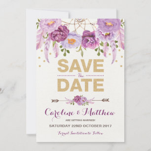 Tarjeta de aviso de boda Boho Rústico Morado y Dor
