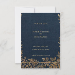 Tarjeta de aviso de boda botánico dorado y azul ma