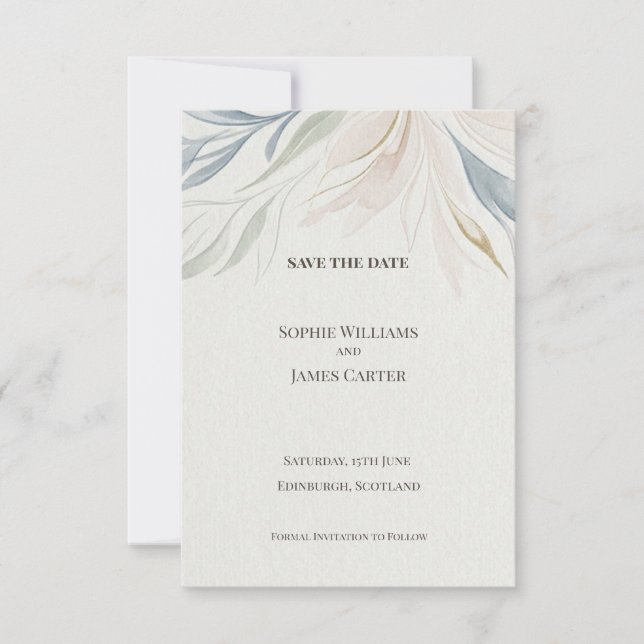 Tarjeta de aviso de boda botánico Gris Azul (Anverso)