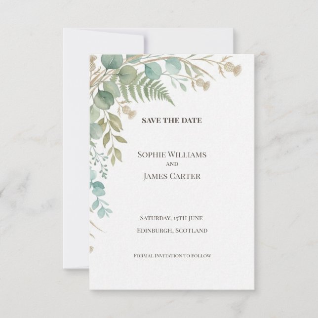 Tarjeta de aviso de boda botánico verde salvia (Anverso)