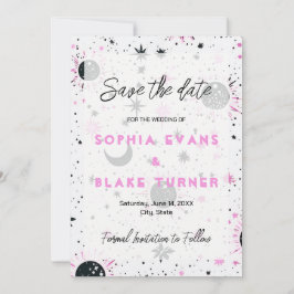 Tarjeta de aviso de boda celestial negra y rosa