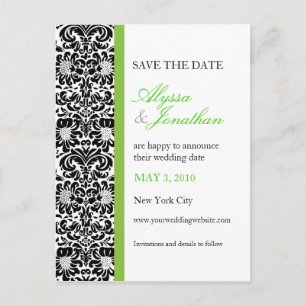 Tarjeta de aviso de boda con acento verde y damasc
