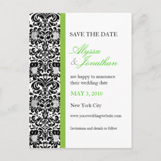 Tarjeta de aviso de boda con acento verde y damasc