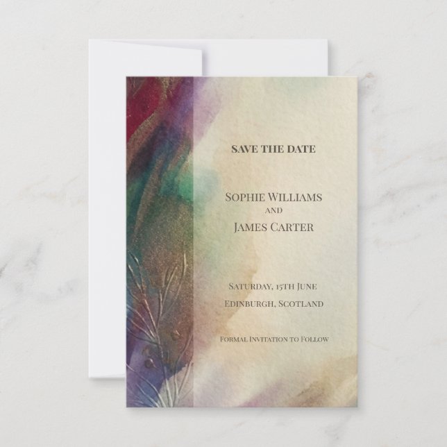 Tarjeta de aviso de boda con acuarela de joya abst (Anverso)