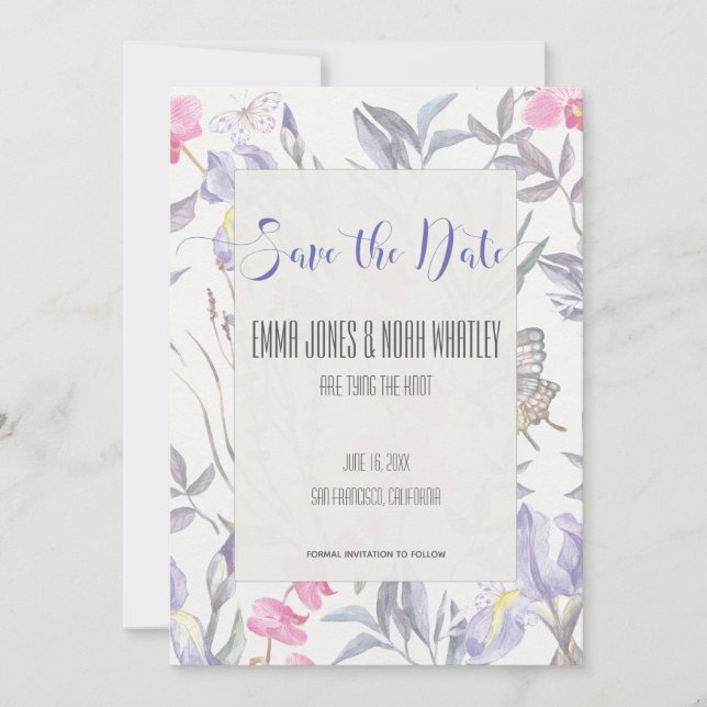 Tarjeta de aviso de boda con acuarela de lirio púr (Anverso)