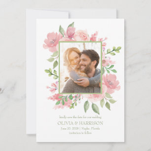 Tarjeta de aviso de boda con acuarela floral y fot