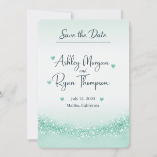 Tarjeta de aviso de boda con brillo verde menta