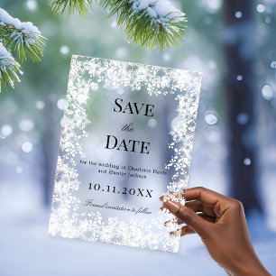 Tarjeta de aviso de boda con copos de nieve de inv
