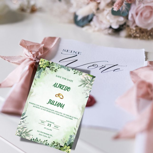 Tarjeta de aviso de boda con elegantes verdes (Subido por el creador)