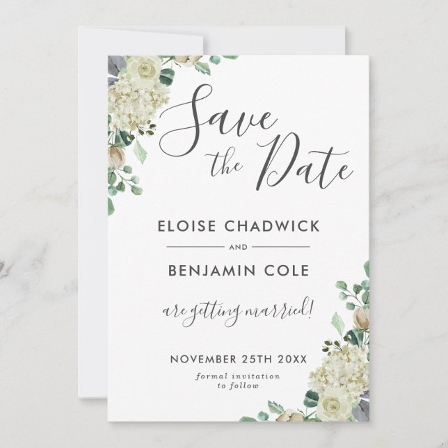 Tarjeta de aviso de boda con eucalipto floral blan (Anverso)