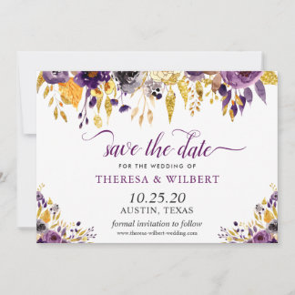 Tarjeta de aviso de boda con flores de oro púrpura
