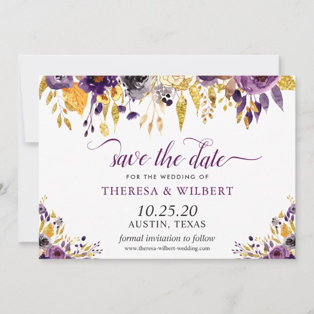Tarjeta de aviso de boda con flores de oro púrpura (Anverso)