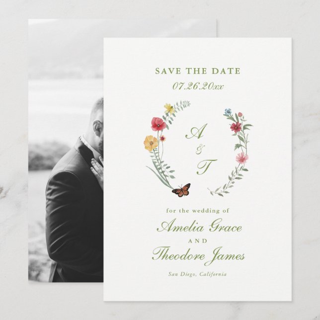 Tarjeta de aviso de boda con flores silvestres (Anverso / Reverso)