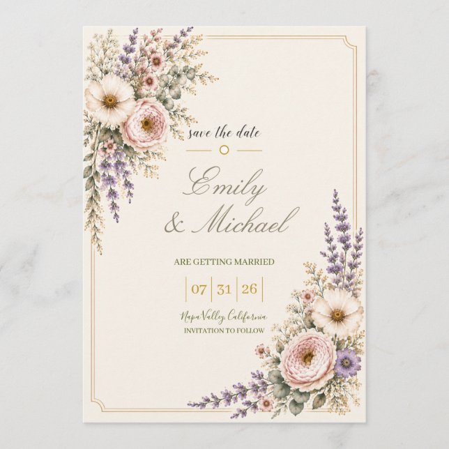 Tarjeta de aviso de boda con flores silvestres ele (Anverso)